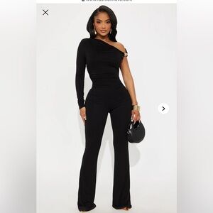 Fashion Nova Black One-Shoulder Flared Jumpsuit